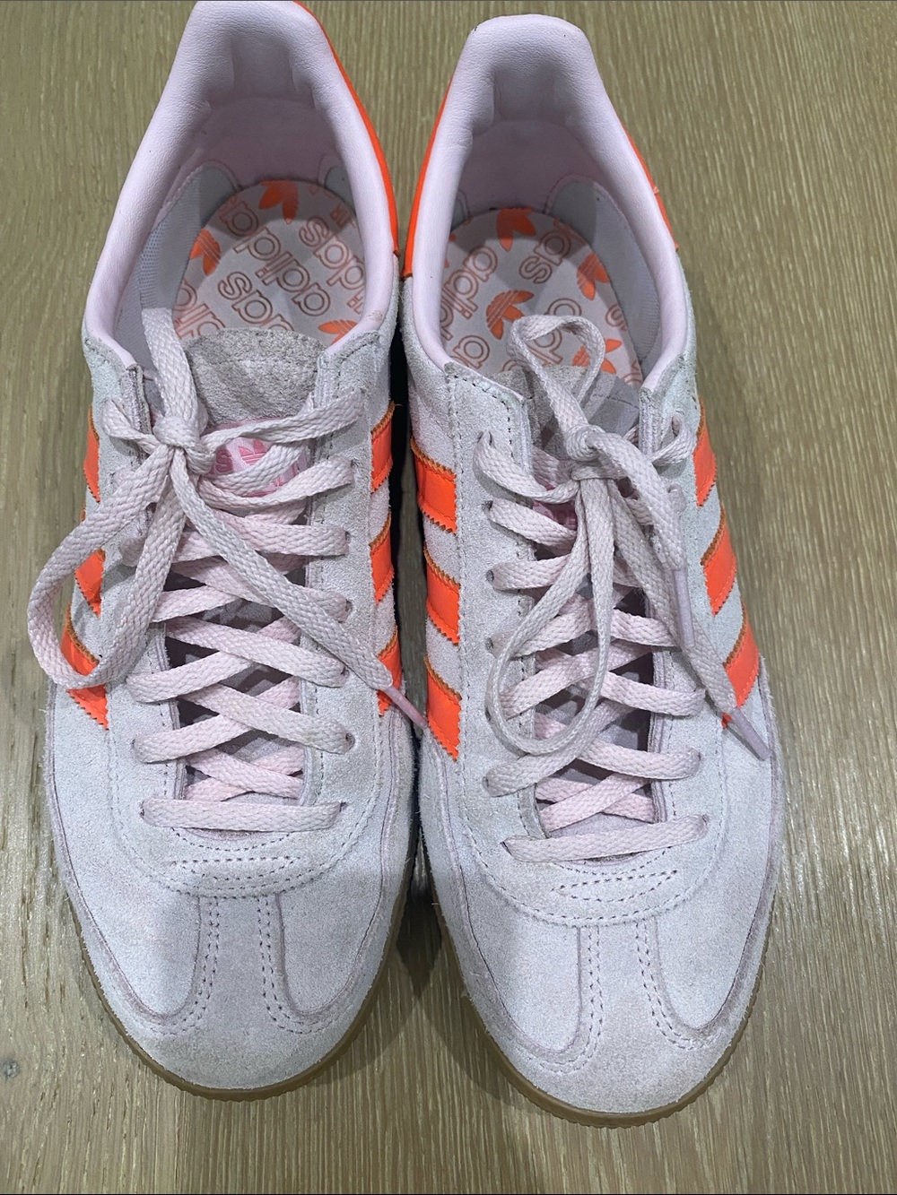 adidas Women’s Light Pink Suede Sneakers with Bright Orange Stripes